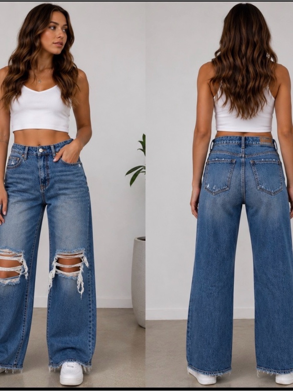 Daze Distressed Wide-Leg Jeans - Dark Blue size 27